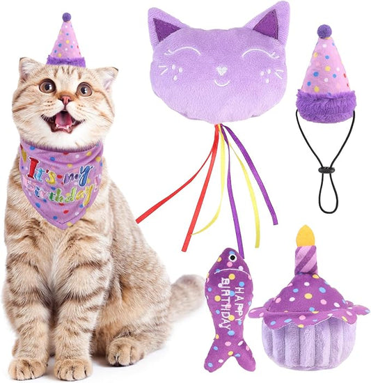 BINGPET Cat Birthday Catnip Toys for Indoor Cats,Cat Birthday Hat,Bandana and Cat Birthday Cake Interactive Plush Kitten Chew Toys,Cute Fish,Balloon Toys with Crinkle Paper and Catnip Inside(Purple)