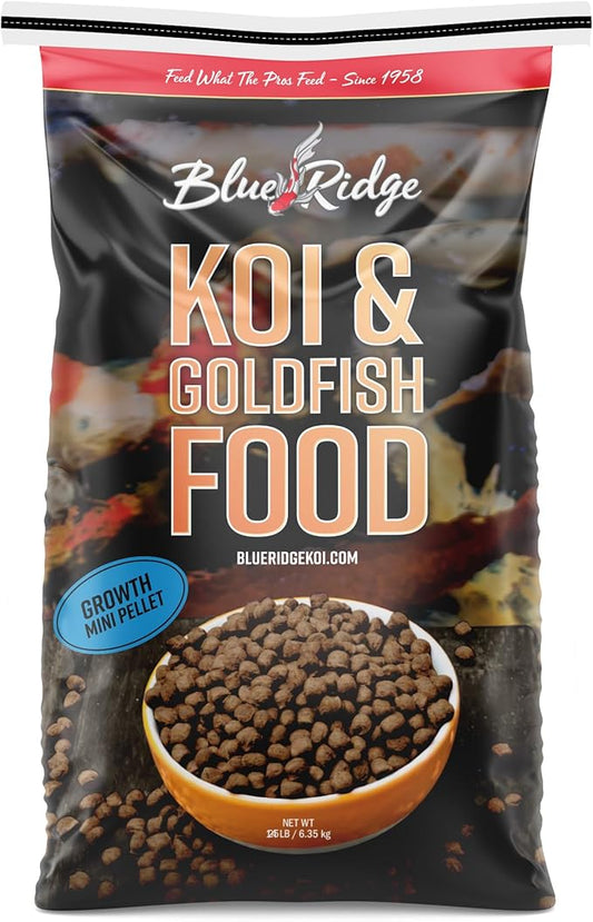 Blue Ridge Koi Fish Food 25lb - Koi Food Mini Growth Formula, Goldfish Food, Premium Fish Food for Ponds, Ponds Fish Food, Floating Pond Pellets