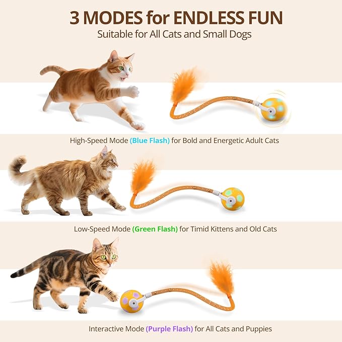 Cat Toy Ball,Interactive Cat Toy Ball with 3 Modes for Indoor Cat,The 2025 Generation Self Moving Cats Toy,Rolling Cats Toy with Feather & Bells for Bored Cats & Small dogs,Touch to Activate (Orange)