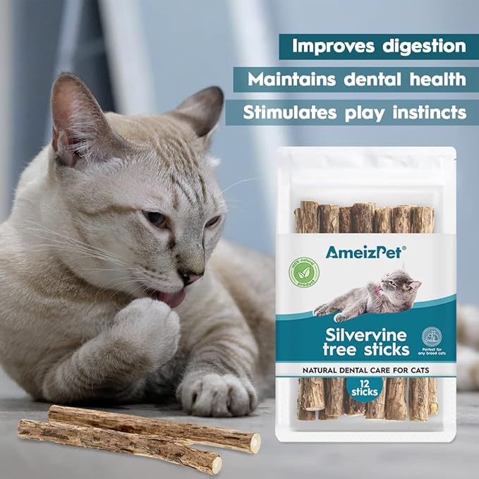 Catnip Sticks for Cats, Cat Dental Chew Sticks - Natural Matatabi Cats Dental Care, Silvervine Cat Teeth Cleaning (12 pcs)