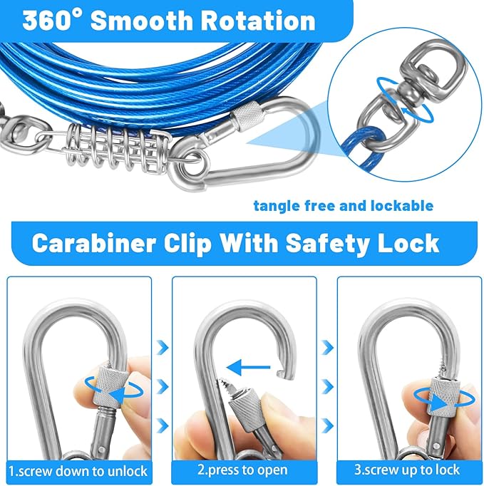 Dog Tie Out Cable - 10/15/20/25/30FT Heavy Duty for Large Dogs Up to 250LBS - Rosy Pink/Blue/Purple/Silver/Red/Green/Yellow