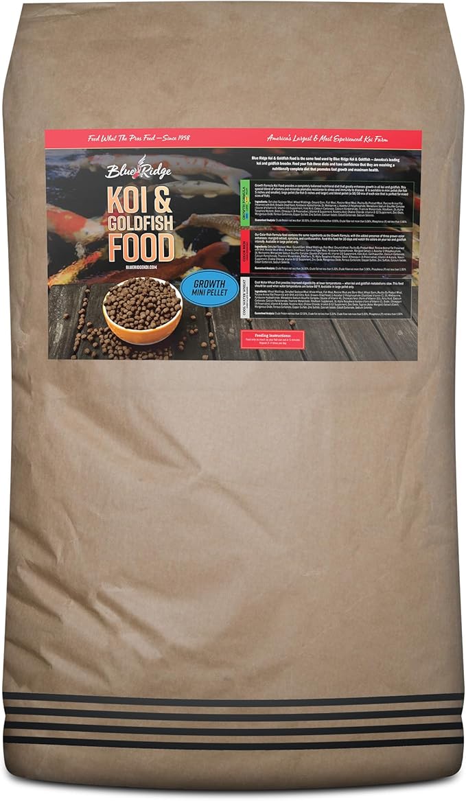 Blue Ridge Koi Fish Food 50lb - Koi Food Mini Growth Formula, Goldfish Food, Premium Fish Food for Ponds, Ponds Fish Food, Floating Pond Pellets