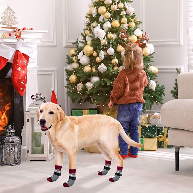 BEAUTYZOO Christmas Winter Anti-Slip Dog Socks with Grips Traction Control for Small Medium Large Dogs, Non Skid Indoor Double Side Pet Paw Protector for Hardwood Floor Wear, Snowflake S