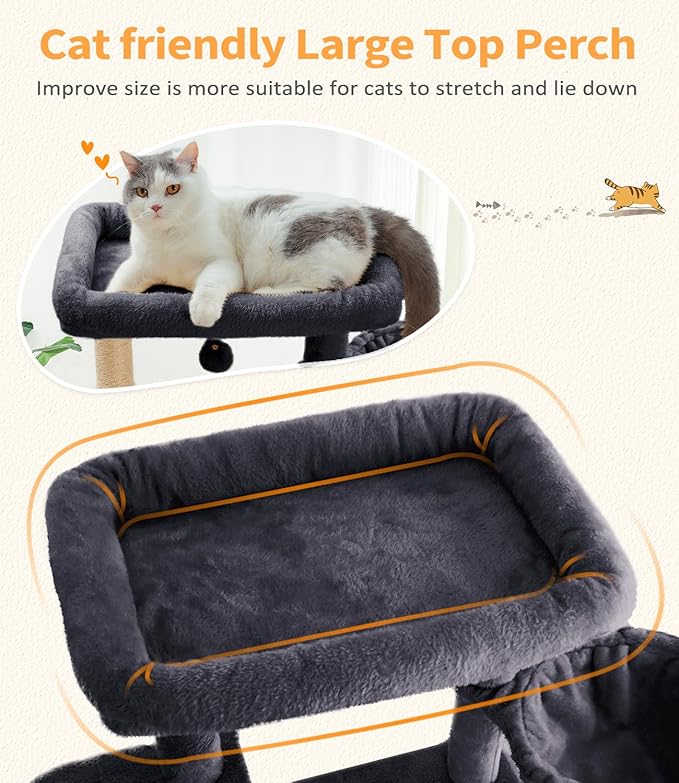 Cat Tree Large Cat Tower Tree 68" Multi-Level Cat Tower for Indoor Cats with Sisal Scratching Posts, Widen Cat Perche, Square Hammock, 2 Widen Condos, Scratching Posts, Grey