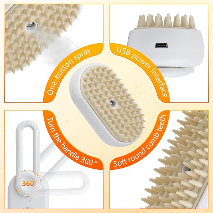 4-in-1 Cat Grooming Steam Brush, Pet Hair Shedding, Massage, Cleaning, Combing (white)