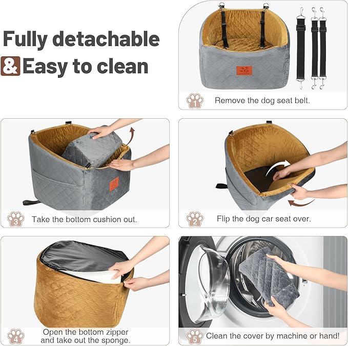 Dog Car Seat for Small Medium Dogs, Memory Foam Booster Car Seat for Dogs up to 35 lbs, Elevated Pet Car Seat, Travel Safety Bed with Washable Removable Cover and Storage Pockets(Gray/Coffee)