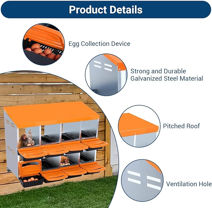 Chicken Nesting Boxes, 8 Hole Metal Chicken Laying Box with with Removable Trays and Roll Out Egg Collection for Chicken Coop, Orange