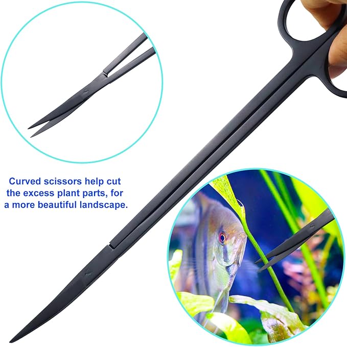 Aquarium Aquascape Tools Kit, Long 15 Inch Stainless Steel Aquatic Plants Tools, 4 in 1 Anti-Rust Black Aquascaping Tweezers Scissors Spatula Scrapers Tool Set for Fish Tank Cleaning Plant Trimming