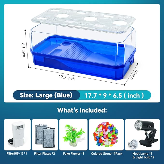 Aquatic Turtle Tank Habitat Kit Stone+Filter+Heat Lamp Enhancing Interaction with 360° Viewing, Standalone Filtration, DIY Creative Zone, Enriched Living (Blue, Large[with Light])