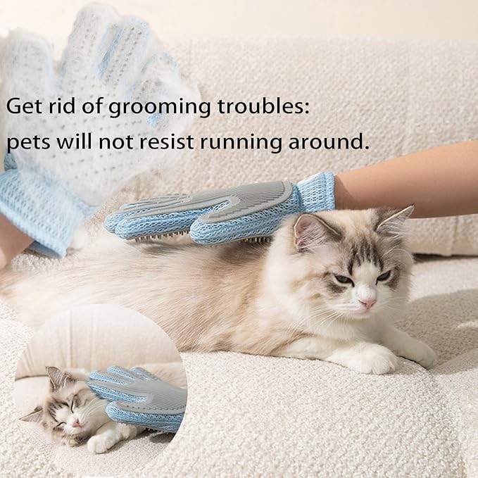 2 Pcs [2-in-1] Pet Hair Removal Gloves - Five Finger Massage Design Pet Beauty Gloves, Suitable for pet dogs and cats to prevent hair tanglings (Blue)