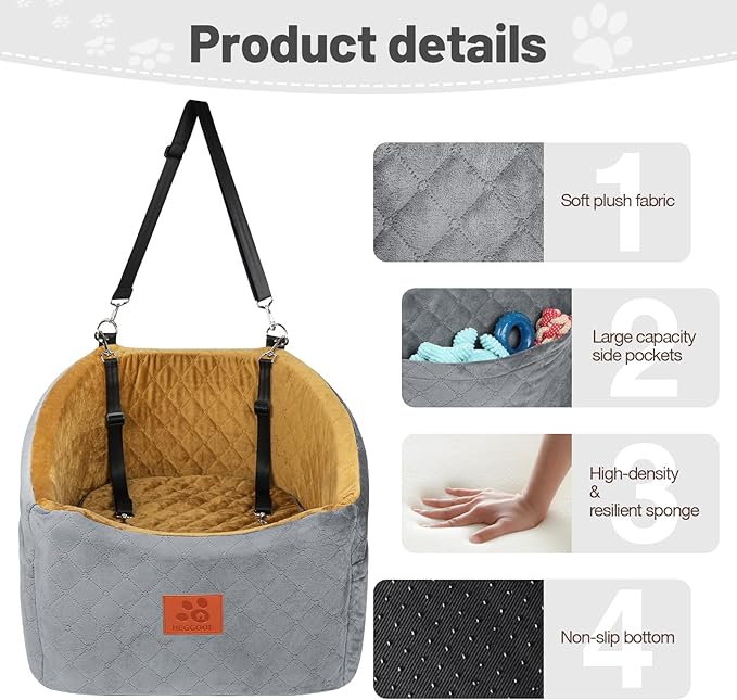 Dog Car Seat for Small Medium Dogs, Memory Foam Booster Car Seat for Dogs up to 35 lbs, Elevated Pet Car Seat, Travel Safety Bed with Washable Removable Cover and Storage Pockets(Gray/Coffee)