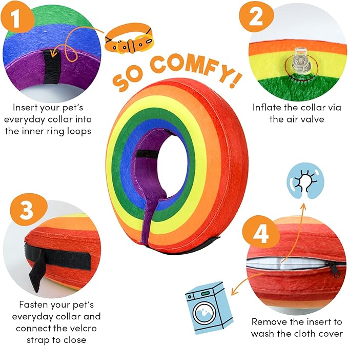 BENCMATE Inflatable Dog Cone Collar Alternative, Soft Dog Cone for Small Medium Large Dogs and Cats, Neck Recovery ECollar Donut Collar After Surgery (Large, Rainbow)