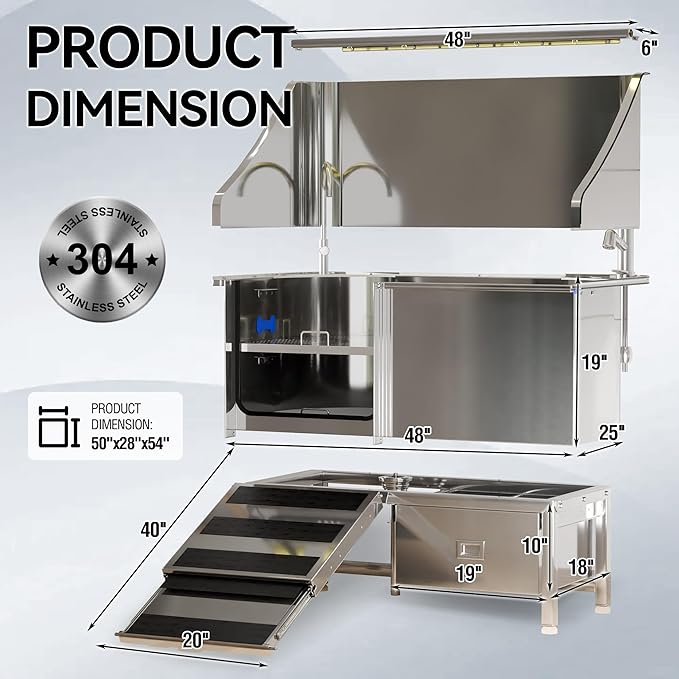 50'' Dog Washing Station - 304 Stainless Steel, LED Dog Bathing Station with Ramp, 2 Drawer, Floor Grate & Lick Pad for Large, Medium & Small Dogs