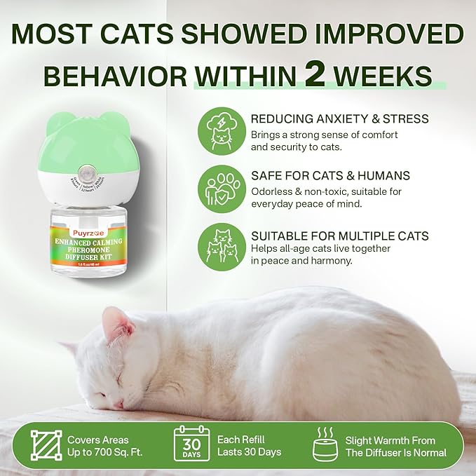 Cat Calming Diffuser with Three Timing Functions, 3-in-1 Cat Pheromones Calming Diffuser Kit, 60-Day Anxiety Relief, Stress Reduction & Relaxation for All Cats (1 Diffuser + 2 Refills)