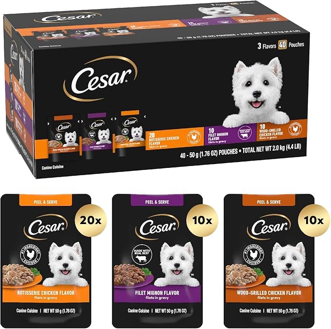 Cesar Filets in Gravy Wet Dog Food Filet Mignon Flavor, Rotisserie Chicken Flavor, and Wood-Grilled Chicken Flavor Variety Pack, 1.76 oz. Mini-Pouches (40 Count, Pack of 1)