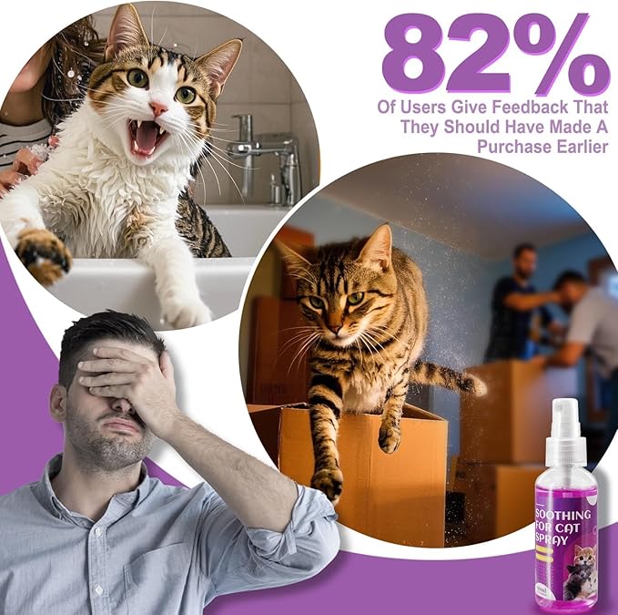 Cat Calming Spray, Cat Pheromone Calming Spray, Natural Calming Solution for Cats, Reduce Kittens Stress, Anxiety, Scratching, Protect Furniture and Floors, Suit For Home, Travel, Vet Visits, 4 PACKS