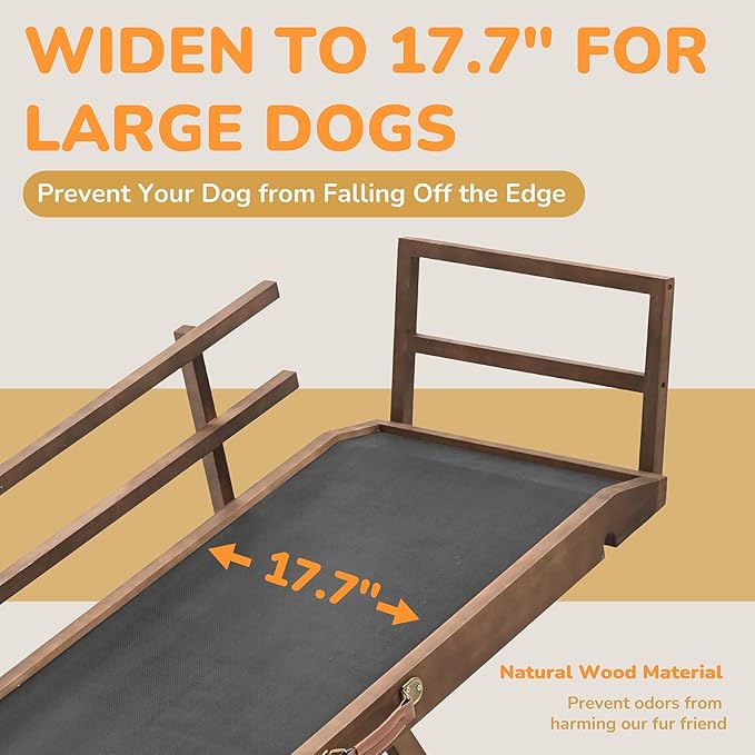 Dog Ramp for Bed, Adjustable Pet Ramps for Dog to Get on Bed, Non-Slip Rubber Surface - Folding Wooden Dog Ramp for Small/Large/Old Dogs, Adjustable up to 23.5 inch High Beds, Safety Railings