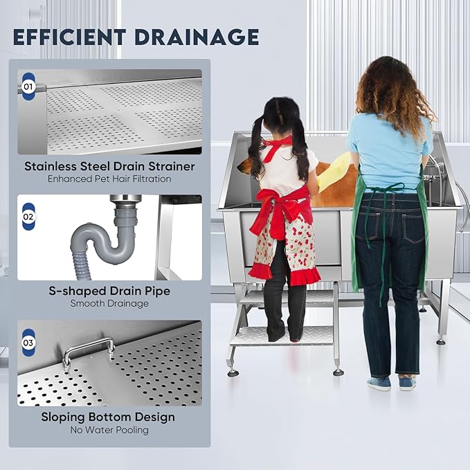 Dog Bathtub XL Professional 62inch Dog Washing Station Stainless Steel Pet Grooming Tub for Extra Large Dogs Wash Tub, Medium, Small Dogs Cats with Left Sliding Doors, Steps, Right Faucets