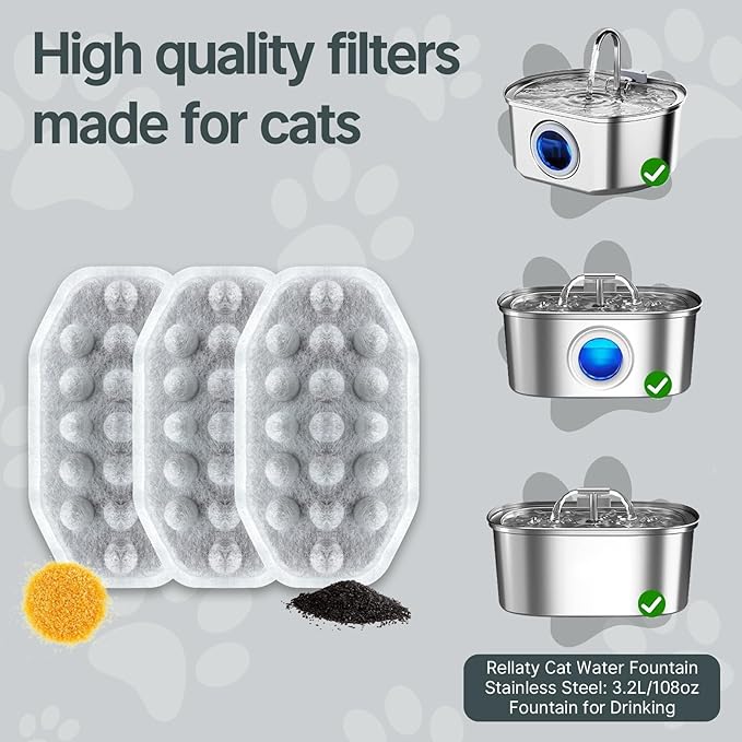 24 Pcs Cat Water Fountain Filters,12 Pack Cat Water Fountain Replacement Filters & 12 Pack Pre-Filter Sponges,Fountain Filter Replacement for Rellaty and Neareal 108oz/3.2L Pet Stainless Fountain