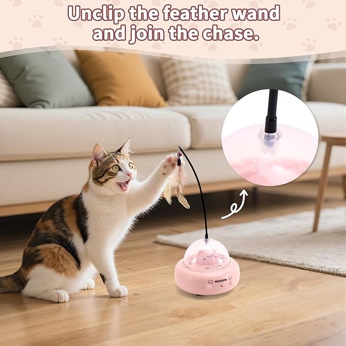 Automatic Cat Toys with Feathers, Interactive Cat Toy for Indoor Exercise, Rechargeable Teasing Toys for Indoor Cats, USB Powered, Smart Standby&Obstacle Avoidance(Pink)