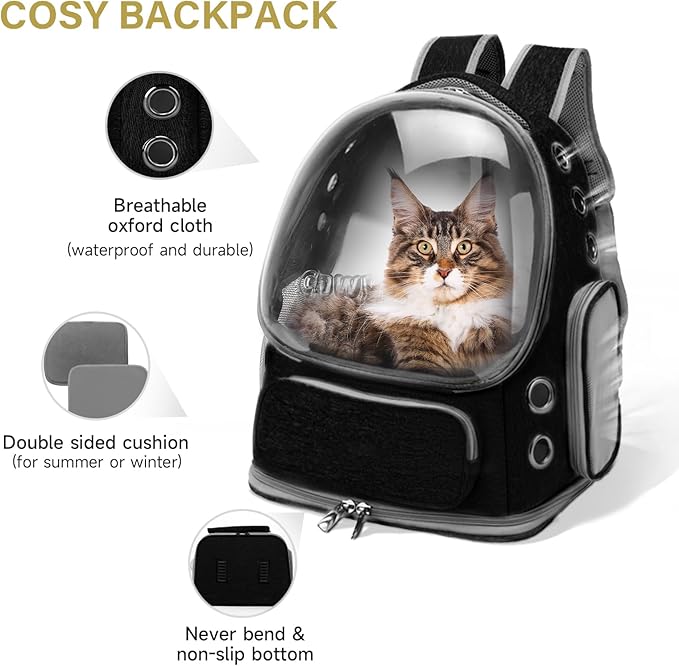 Cat Backpack Carrier, Breathable Cat Carrier Large Space Bubble Pet Backpack for Kitty Small Dog up to 12lbs, Transparent & Foldable Pet Carrier for Travel Hiking (Black