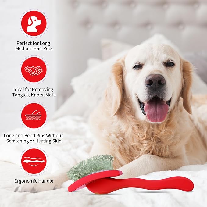 Dog Slicker Brush for Shedding and Grooming Medium or Long Haired Cats, Extra Long & Soft Pin Slicker Brush for Removes Loose Hair, Tangles, Knots, Undercoat, Free Pet Comb, Large Red