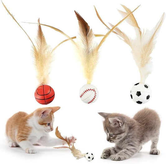 6 Pcs Feather Ball Cat Toy,Interactive Feather Bouncy Ball Toy Set for Cats,Mini and Elastic,Suitable for Pets to Play Indoors and Outdoors
