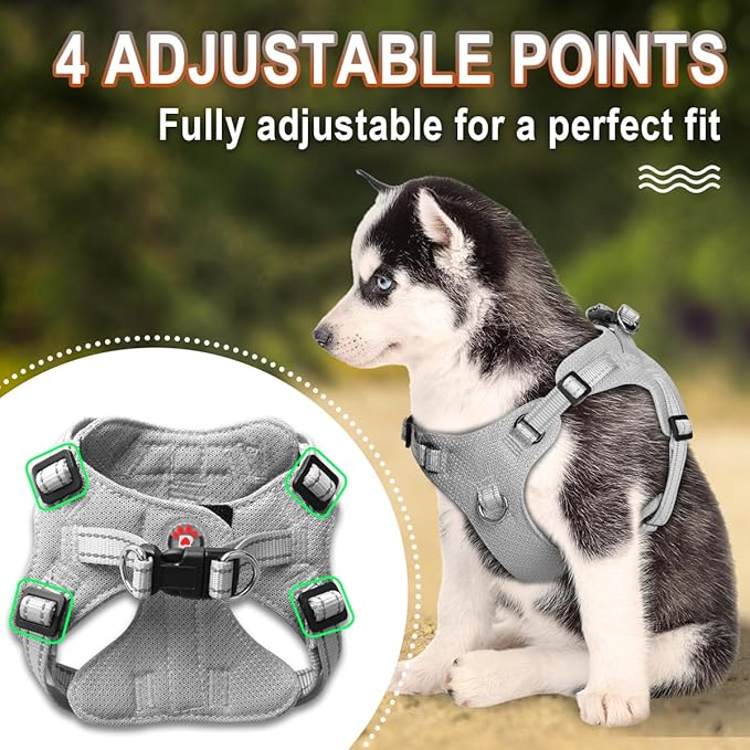 BARKBAY Dog Harness, Reflective Adjustable No Pull Harness, Breathable Soft, Grey, XXS