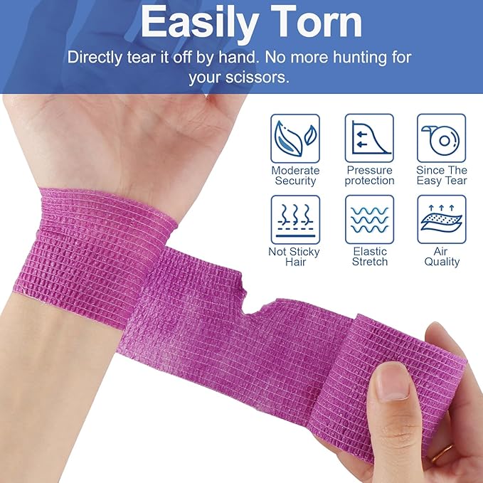 24 Pack 2 Inch x 5 Yards Self Adhesive Bandage Wrap, Elastic Cohesive Wrap 2 inch Vet Wrap Bandage Tape, Purple Grip Tape for Athletic, Sports, First Aid Medical, Wrist, Ankle Sprains
