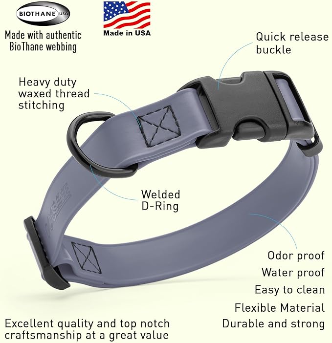 Dogline Biothane Waterproof Dog Collar with Quick Release Buckle Strong Coated Nylon Webbing with Odor- Proof for Easy Care Easy to Clean Fits Small Medium Large Dogs, Grey 5/8" W 9-14" L