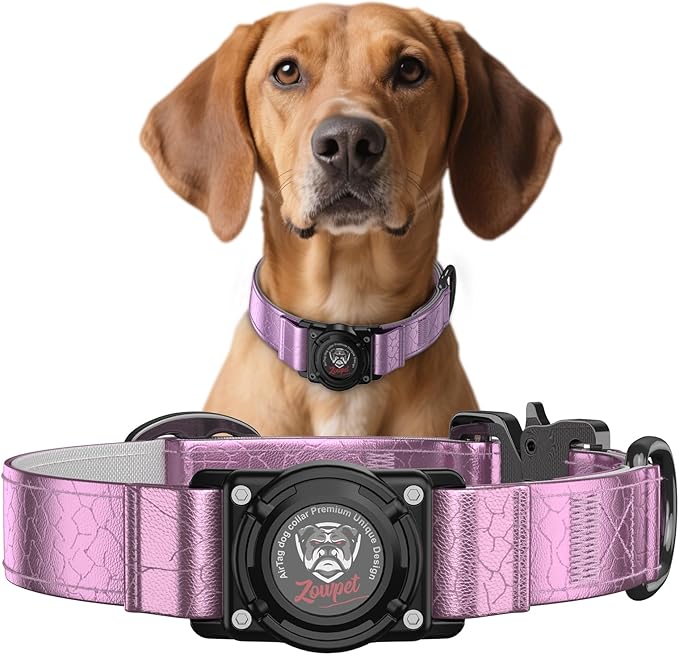 AirTag Dog Collar - Leather Dog Collar with Airtag Holder | IP68 Waterproof AirTag Holder with Metal Buckle, Comfortable GPS Dog Collars Tracker for Medium Large Dogs (Rose Gold, L)
