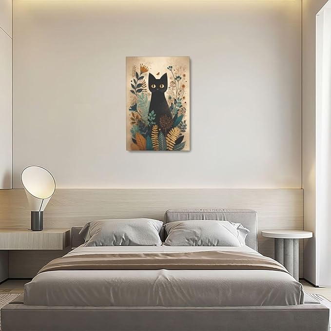 Boho Black Cat Wall Art Kitten Botanical Wall Decor Mid Century Modern Canvas Painting Print Minimalist Pictures Artwork Framed Decorations Gifts for Cat Lover Bathroom Nursery Living Room Bedroom Kitchen 16"x24"