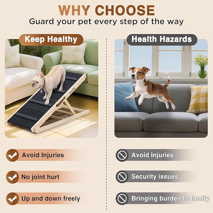2025 Upgraded Dog Steps for Bed & Couch - 2-in-1 Dog Stairs/Ramp for Small to Large Breeds - 45.3" Long Adjustable 14"-26" Up to 200LBS - Folding Portable Wooden Pet Stairs for high Bed Couch Car