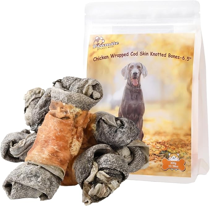 Dog Treats Chicken Wrapped Cod Skin Knotted Bones-6.5", All-Natural Healthy Fish Skin Dog Chew Treats, Rich in Omega-3 Protein, 4 Counts, 10.6 OZ
