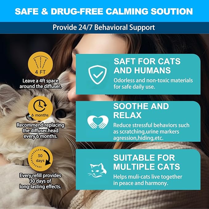 Cat Calming Diffuser, Cat Pheromones Calming Diffuser with 2 Diffuser + 4 Refill 48ml, 6-in-1 Cat Anxiety Relief Cat Pheromone Diffuser Kit 120 Days, Pheromone Diffuser to Calm Cats