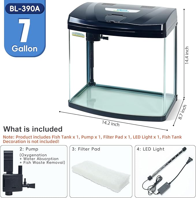 7 Gallon Glass Aquarium Starter Kit with Flip-Top Feeding Port for Betta Fish: Crystal Clear Viewing, Eco-Cycle Filtration, Air Pump, and LED Lighting