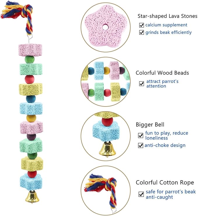 2 Pack Mineral Block Chew Toys with Colorful Beads and a Bell, Bird Beak Grinding Stone, Cage Accessories for African Grey, Budgies, Cockatiels, Small to Medium Birds