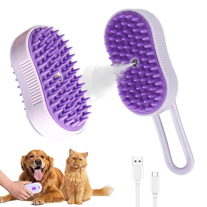 4 in 1 Cat Steam Brush for Shedding, Rechargeable Pet Steam Groomer Brush, Massage, Cleaning, Shedding & Combing Multifunctional Hair Removal Comb for Cats Dogs (Purple)