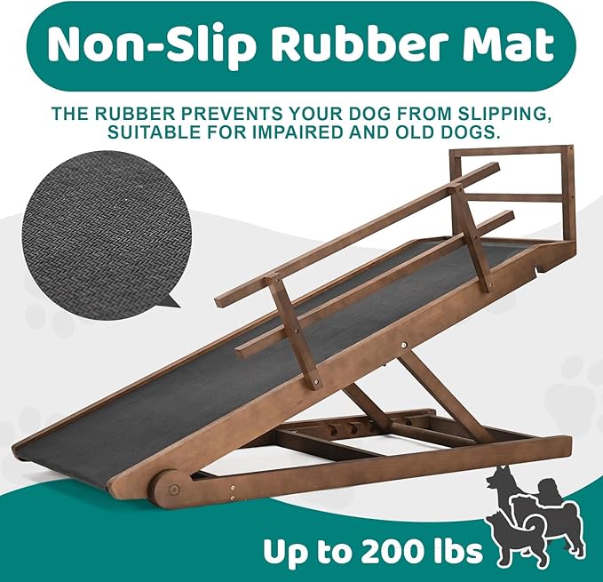 Dog Ramp for Bed, Adjustable Pet Ramps for Dog to Get on Bed, Non-Slip Rubber Surface - Folding Wooden Dog Ramp for Small/Large/Old Dogs, Adjustable up to 23.5 inch High Beds, Safety Railings