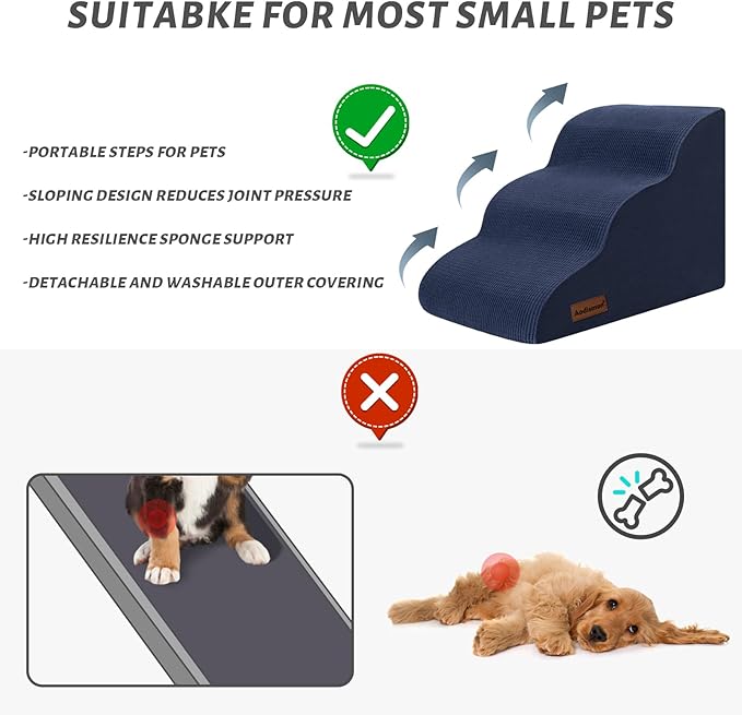 Dog Stairs and Steps for Beds Or Couches, 3-Step Pet Stairs & Steps for Small Dogs and Cats, Soft and Non-Slip Dog Ramp for Older Dogs,Pet with Joint Pain,Easy to Walk