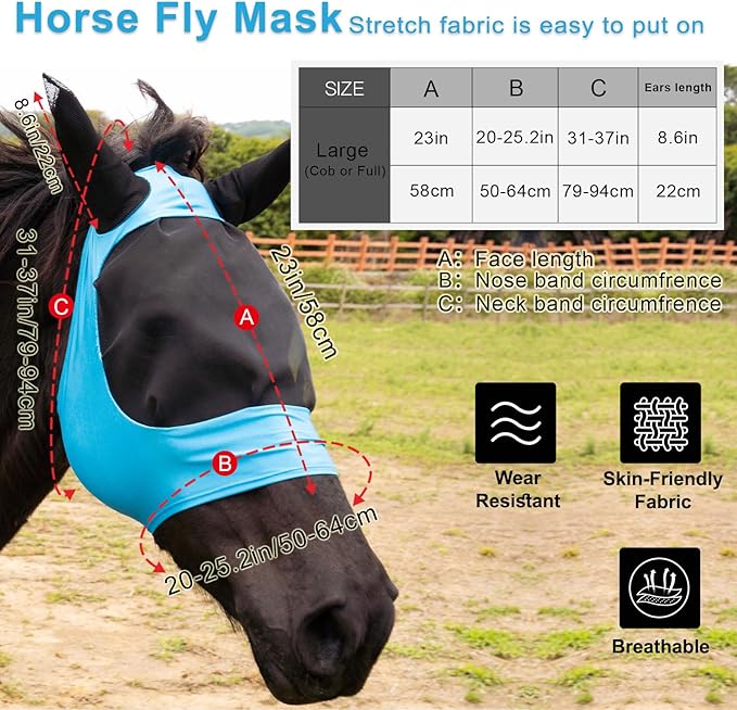 2 Piece Horse Fly Mask with Ears, Comfortable Fit Stretch Fabric Big Eye Space Soft Breathable with UV Protection for Full Horses (Red-Blue)