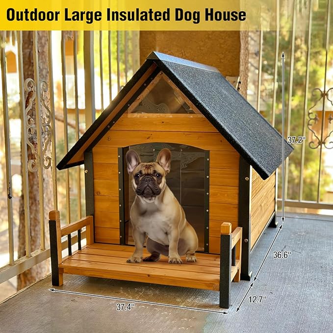 AIVITUVIN Outdoor Dog House with Anti-Chewing Iron Surround Insulated Liner Dog Kennel for Large Breed Dog Shelter Weatherproof (Brown 50.9" D x 37.4" W x 37.2" H)