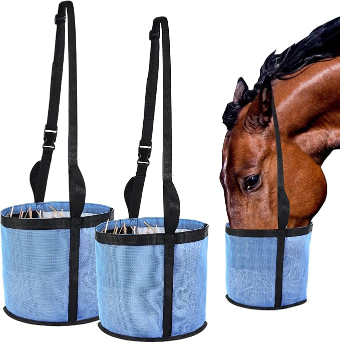 2 Pcs Horses Feed Horse Bag for Grain Hay Bags Heavy Duty Mesh Horse Feeder with Adjustable Strap Comfort Neck Pad Nose Pad and Waterproof Bottom Muzzle(Blue)