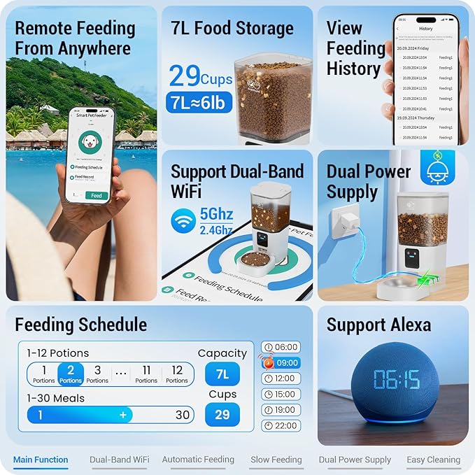 Automatic Cat Feeder with Slow Feed: 5G WiFi Automatic Dog Feeder with APP Control, 7L Auto Cat Food Dispenser with Alexa for Multiple Pets, Detachable for Easy Cleaning - 29 Cup