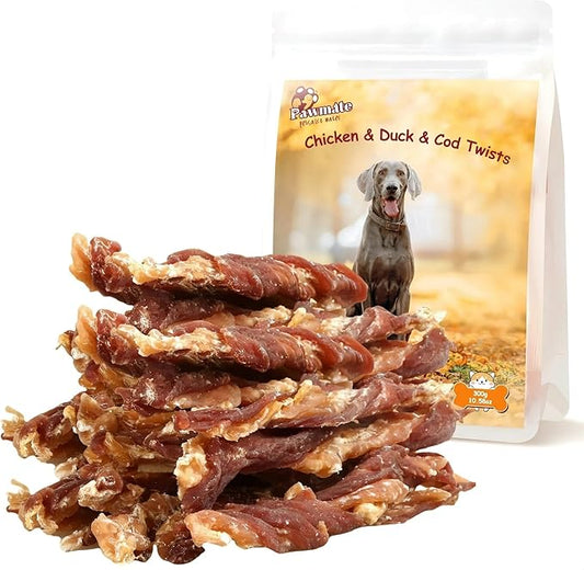 Dog Jerky Treats Triple Flavor Chicken Duck Wrapped Cod Twisted Sticks 5'', Rawhide Free Grain Free Dog Training Snacks Chews for Small Medium Large Dogs, 10.6 oz