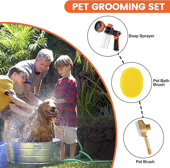 Dog Washing Hose Attachment, 10-in-1 Soap Sprayer Moden Garden Hose Nozzle with 100cc Soap Dispenser, Dog Wash Supplies with Dog Bath Brush & Pet Comb, Foam Gun Car Wash Sprayer (Orange)