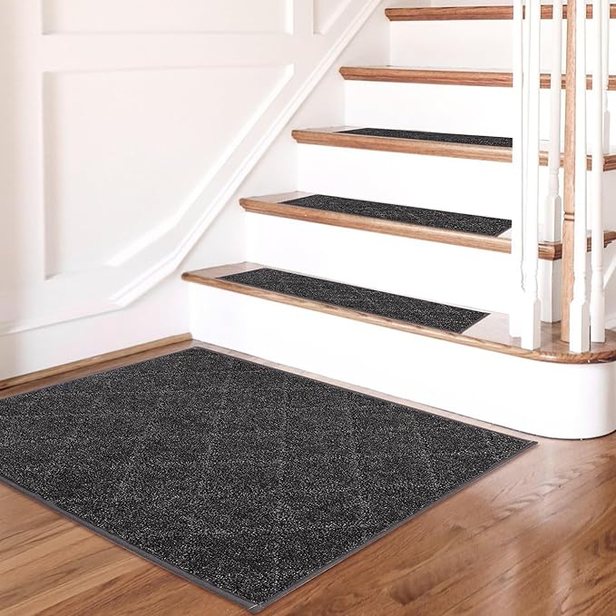 COSY HOMEER Edging Stair Treads Non-Slip Corner Indoor Stair Runners for Wooden Steps,Landing Slip Resistant Stair Rugs for Kids and Dogs, 100% Polyester TPE Backing,Black,20"X32"