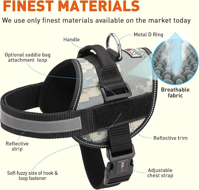 Dogline Dog Harness, Reflective No-Pull Adjustable Vest with Handle for Walking, Training, Breathable, No - Choke Harness for Small, Medium or Large Dogs Room for Patches Girth 33"-46" in Urban Camo