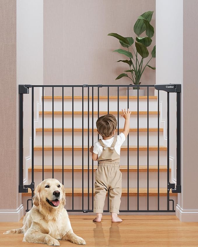 Cumbor 34" Extra Tall No Bottom Bar Baby Gate for Stairs, Auto Close Dog Gate Indoor for Larger Pets, 29.2-43" Hardware Mounted Safety Gate for Doorways, Wide Walk Thru Door for Easy Access (Black)