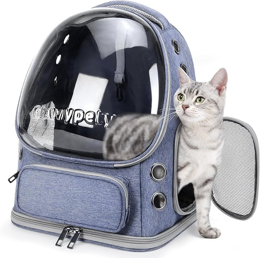 Cat Backpack Carrier, Breathable Cat Carrier Large Space Bubble Pet Backpack for Kitty Small Dog up to 12lbs, Transparent & Foldable Pet Carrier for Travel Hiking (Blue